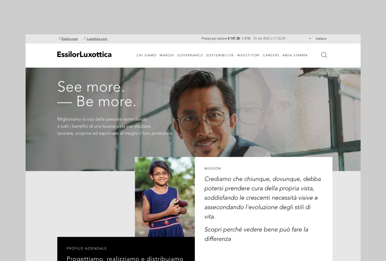 EssilorLuxottica's previous corporate site: light background, generic stock photography