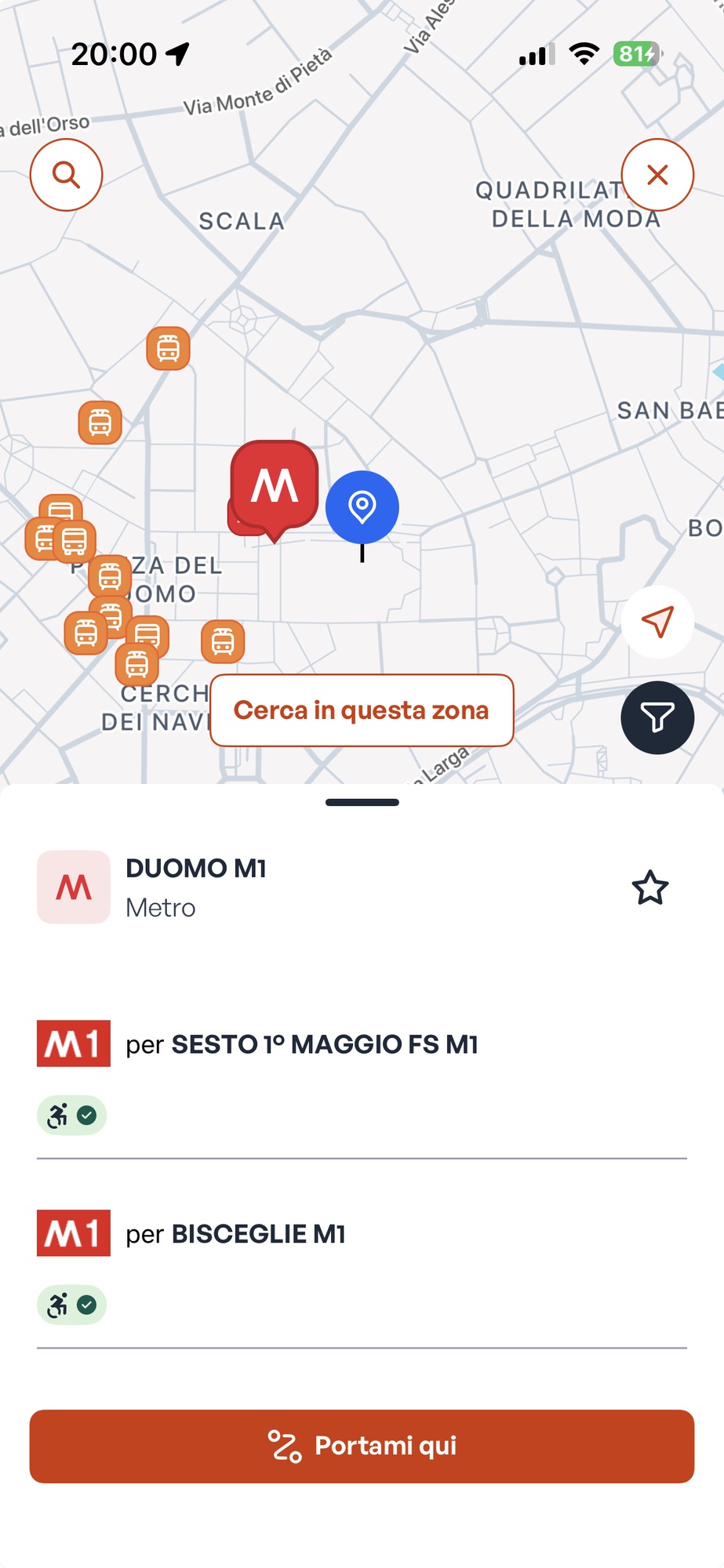 The ATM app, built on the MooneyGo white label: the stop map around Duomo with the M1 departures sheet