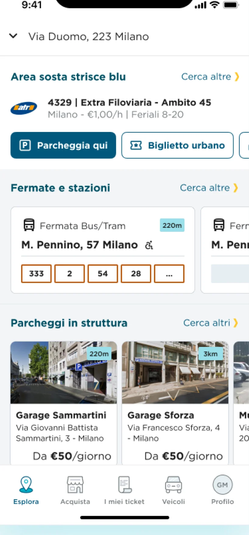 MooneyGo Explore screen built from the design-system cards: parking areas, stops and stations, garages
