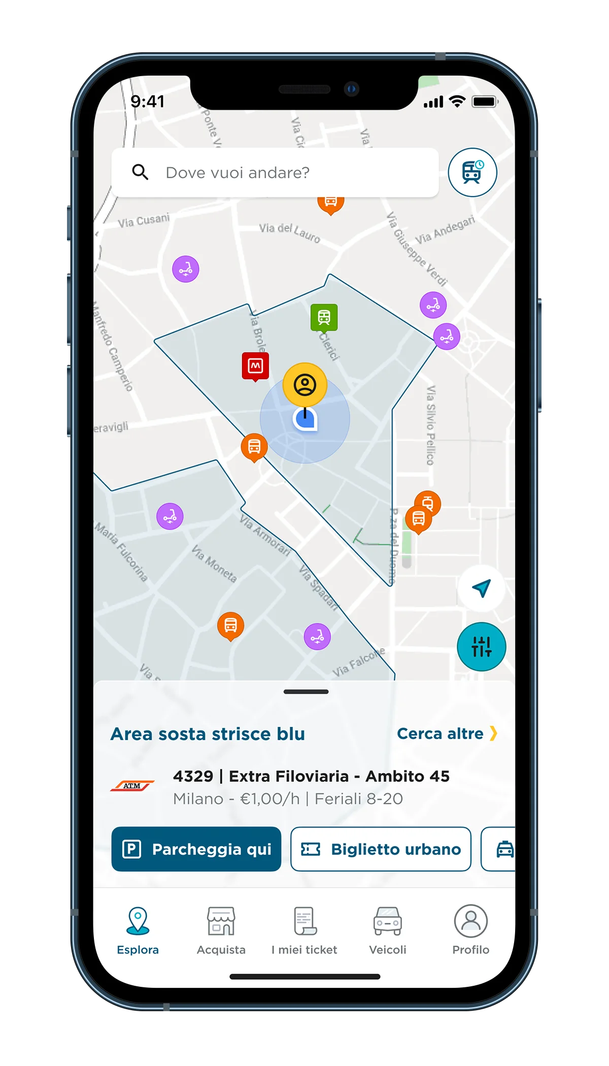 Explore: blue-zone parking areas on the map, with park-here and urban-ticket actions on the nearest one