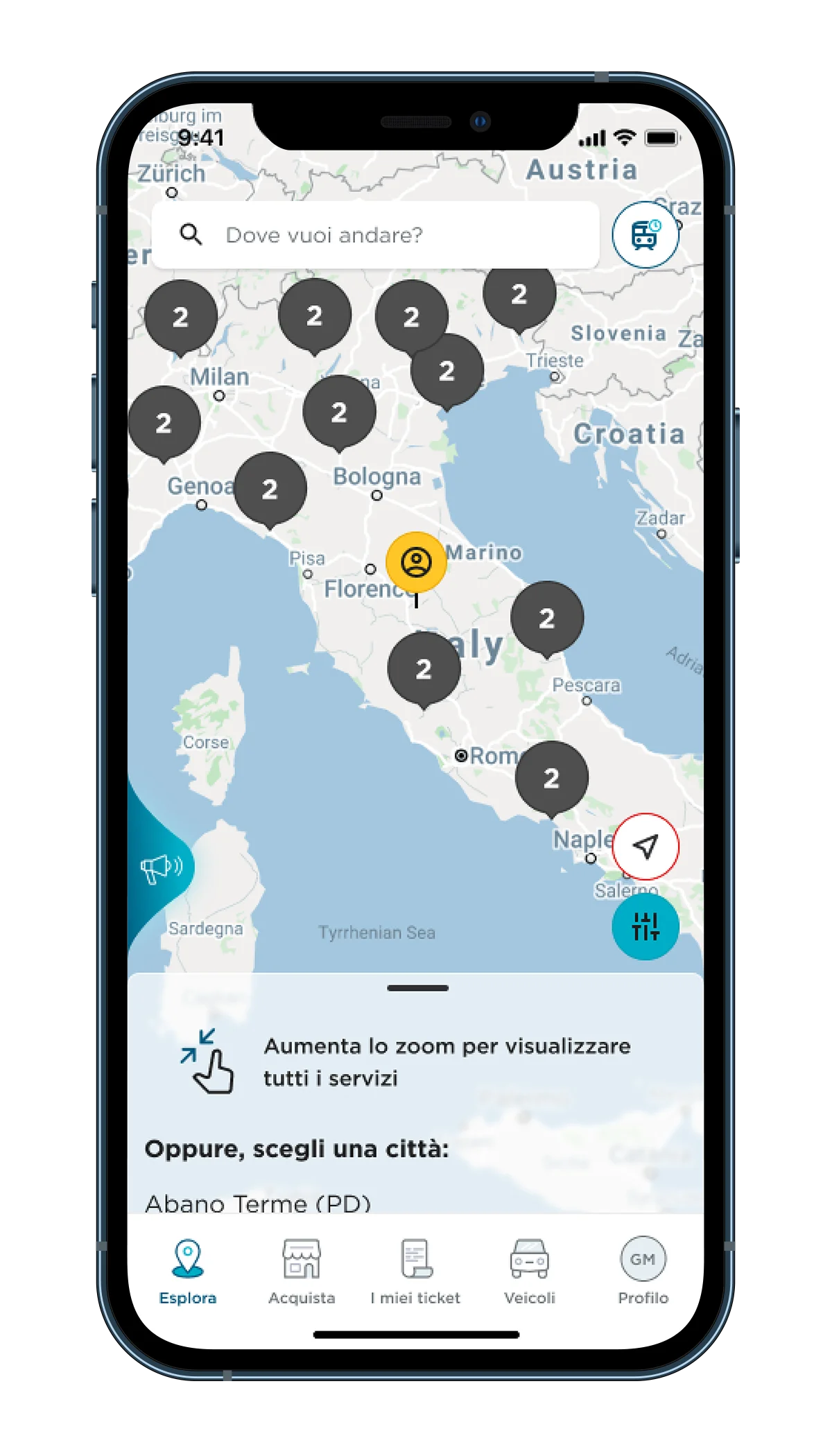 Explore zoomed out over Italy, with the cities where services are available